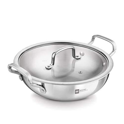 BERGNER BE Essentials Triply Stainless Steel 20cm / 1.9 L Kadai with Flat Glass Lid, Kadhai with Lid, Consumes Less Oil, Healthy Cooking, Mirror Shiny Finish, Easy to Clean - Full Induction Bottom