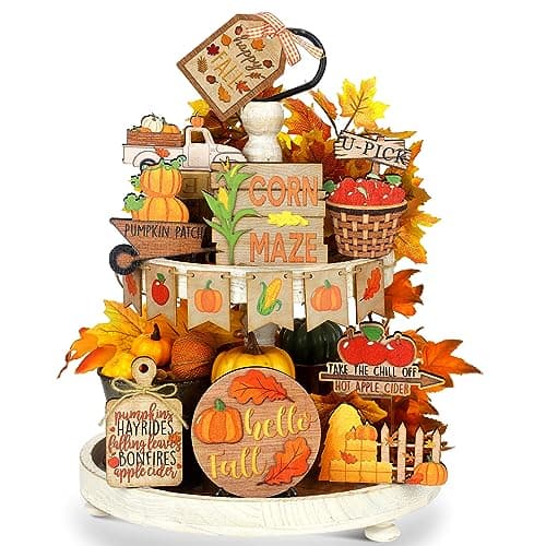 BBTO Set of 15 Thanksgiving Fall Tiered Tray Decor Pumpkins Farmhouse Decor Autumn Maple Leaf Table Centerpieces Harvest Wood Blocks Signs for HomeHarvest Style