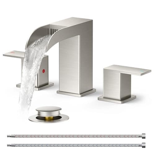 FFORIOUS Square Brushed Nickel Bathroom Faucets 3 Hole, Waterfall 8 Inch Widespread Bathroom Sink Faucet with Metal Pop-up Drain and Supply Lines, Two Handles for Vanity, Lavatory, Restroom