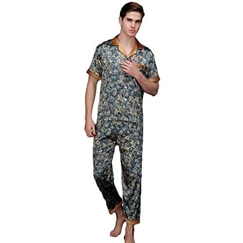 ZUEVI Men's Silk Satin Short Sleeve Pajamas Set Dragon Pattern Loungewear Button Down Pjs Set for Men(JADEITE-L)