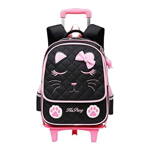 MITOWERMI Cute Rolling Backpack for Girls Trolley School Bags Cat-face Bowknot Girls Roller Backpacks with Wheels Kids Carry-on Travel Luggage Black-2 Wheels