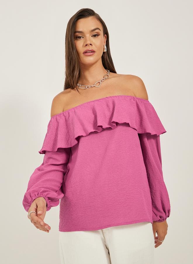 Solid Ruffled Trim Off Shoulder Neck Blouse