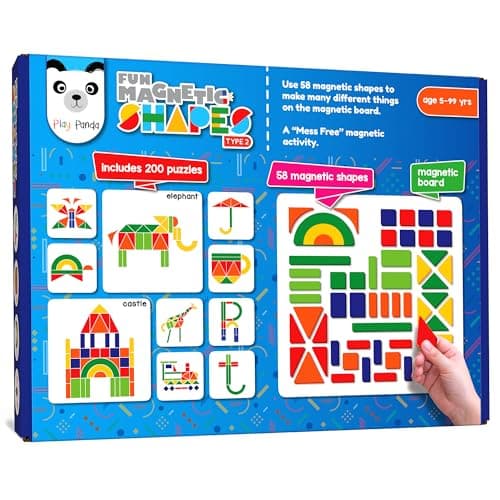 PLAY PANDA Magnetic Puzzle Set for Kids, Big Type 2 with 58 Colourful Fun Magnetic Shapes with Magnetic Board, 200 Puzzle Patterns, Display Stand and Storage Tray, Indoor Educational Toy