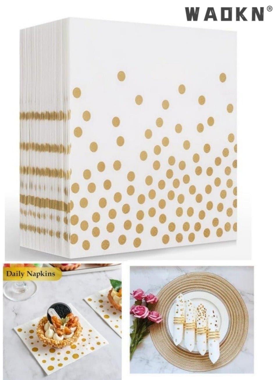 40 Pack Disposable Napkins Paper, 3-Ply Beverage Napkins,Disposable tissue paper, hot stamping dots, white theme, high-end hotel restaurant, birthday party decoration, printing,Disposable Gold Square Napkins, Perfect for Restaurant, Event, Bar, Wedding, Baby Shower and Birthday Party