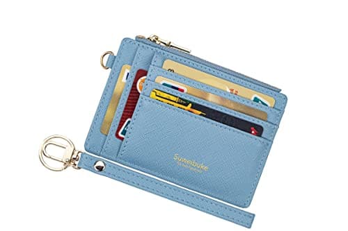Women Slim Rfid Blocking Credit Card Case Holder Wristlet Zip ID Case Wallet Small Compact Leather Wallet Coin Purse with Keychain (Blue)
