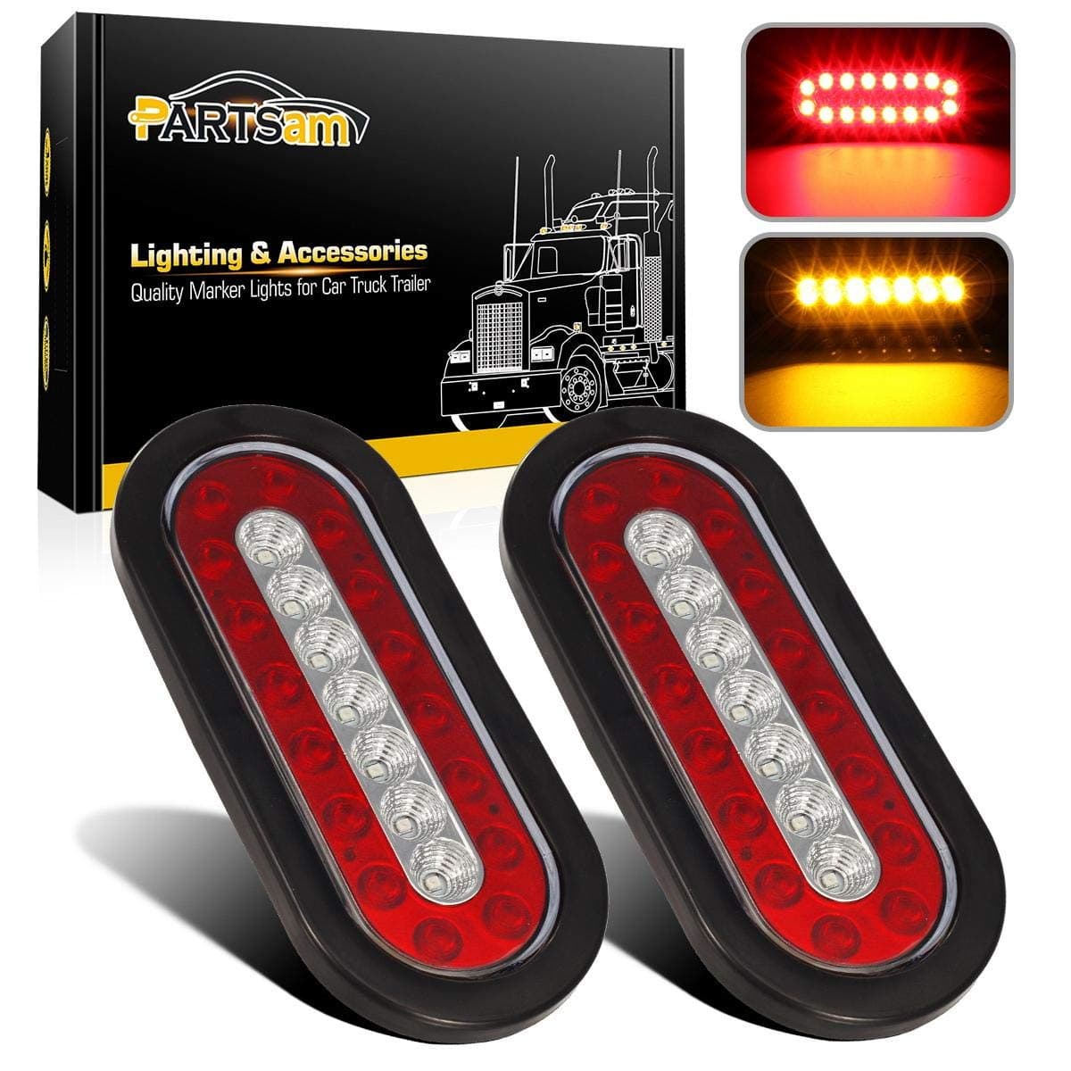 Partsam 2 Pcs 6 inch Oval Truck Trailer Led Tail Stop Brake Lights Taillights Running Red and Amber Parking Turn Signal Lights Sealed 6 inch oval led trailer tail lights w reflectors Flush Mount
