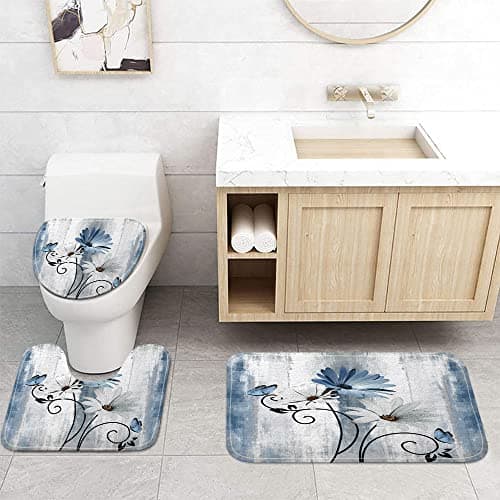 Rustic Farmhouse Bath Mat Set, Farm Blue Daisy Floral Flowers and Butterfly on Country Wooden Bathroom Mat Set with Non-Slip Bath Rug, Soft Toilet Lid Cover and Contour Mat, Turquoise Blue (Blue-)