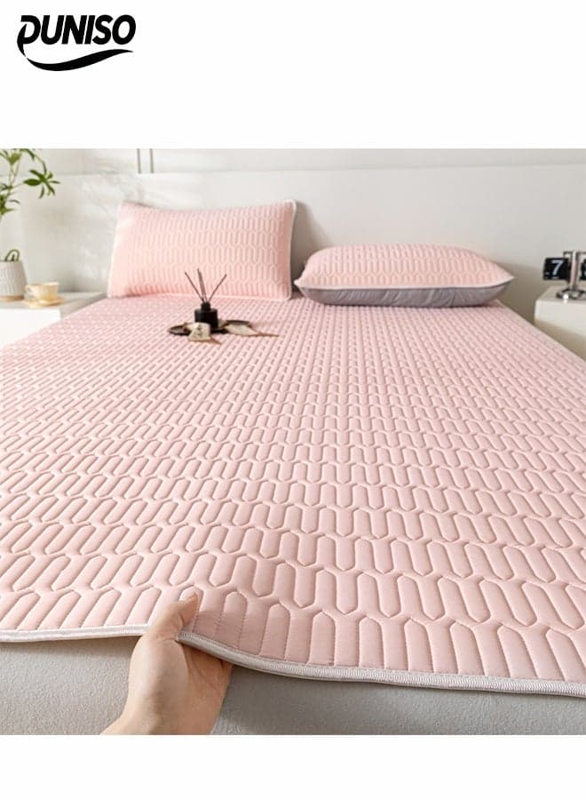 3-Piece of Ice Silk Cooling Bedding Set,Extreme Heat Cooling Bedding Set,Anti-Slip Latex Cool Silk Bed Cover with Pillowcases,Latex Mattress Pad for Summer Heat,Breathable Sheets,Night Sweat Relief,150*200CM,Pale Pink