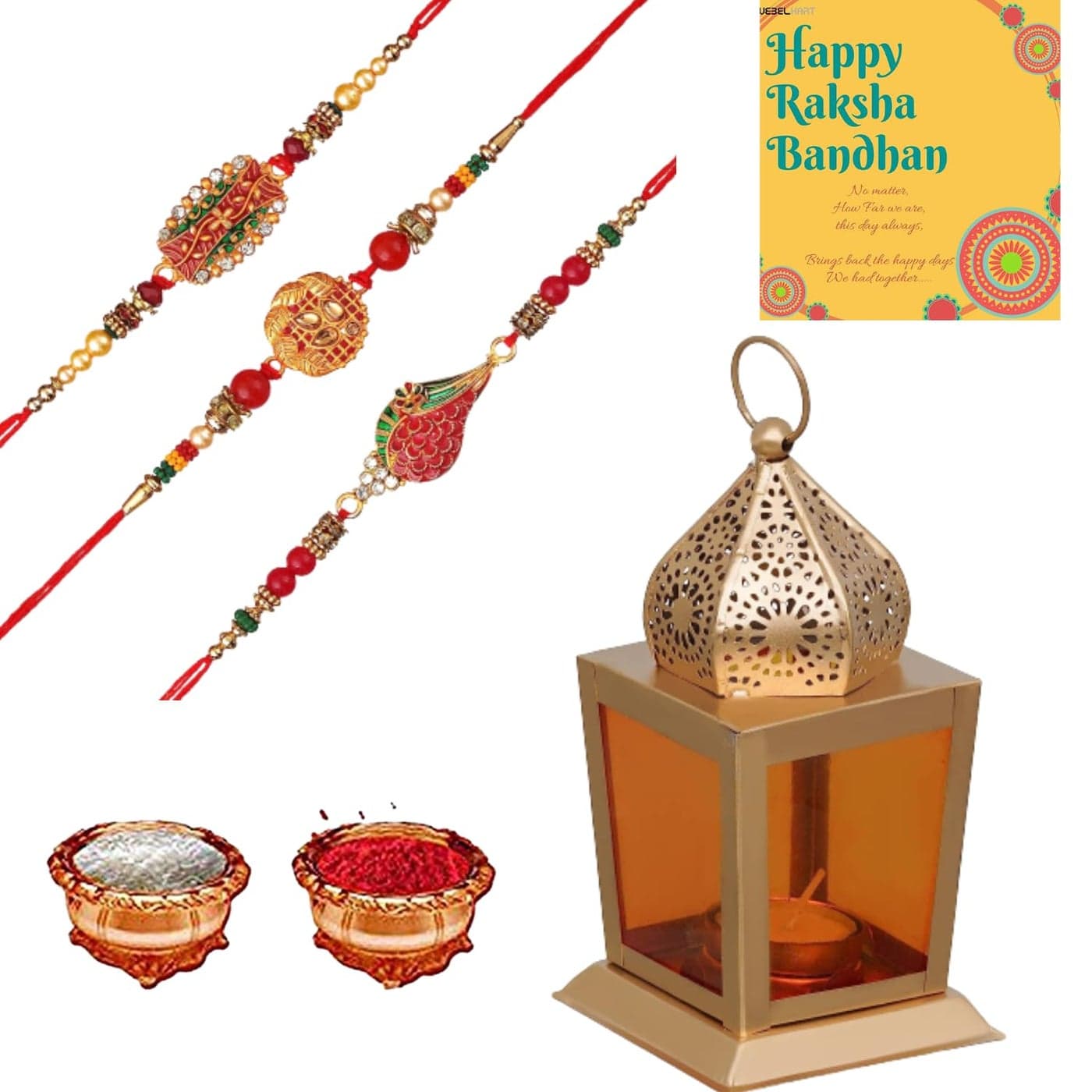 Webelkart Combo of 3 Rakhi for Brother, Bhaiya and Bhabhi with Kids Rakhi and Moroccan Gold tealight Candle Holder and Rakshabandhan Gifts and 1 Greeting Card and Roli Chawal Pack