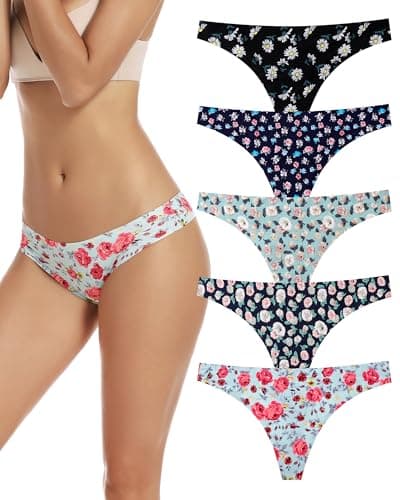 Seamless Women Underwear Thongs Multipack,No Show Ladies Thong,Invisible No Line Breathable Comfortable Panties Undies,Womens No Seam Soft Wide Gusset Tanga,Floral Microfiber Legging Underpants,5-Pack
