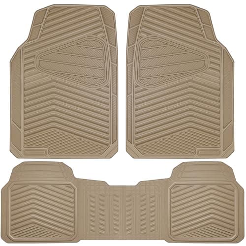 CAR PASS Rubber Car Mats Waterproof Car Floor Mats All Weather Car Mat Full Set 3 Piece Tan Automotive Floor Mat Trim to Fit for Cars Sedan SUVs Trucks AntiSlip Easy Clean All Beige