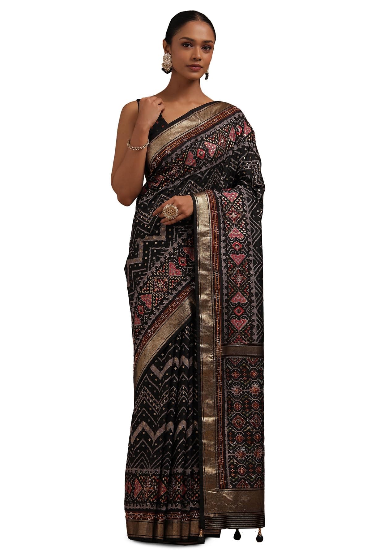 Soch Womens Black Dola Silk Chevron Saree With Stone Work