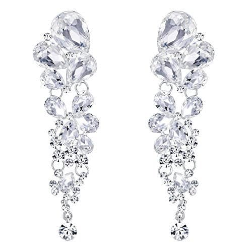 EVER FAITH Rhinestone Crystal Elegant Waterdrop Bridal Feast Dangle Clip-on Earrings Clear Silver-Tone