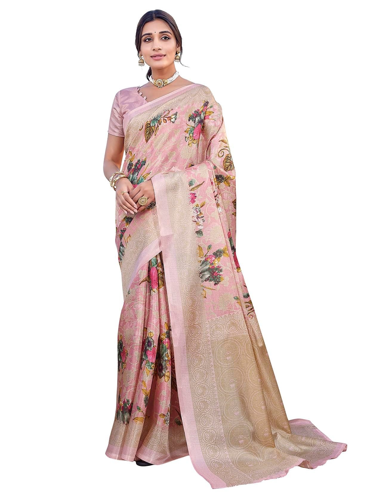 Yashika Women's Elegant Printed Art Silk Saree Set with Blouse - Elevate Your Style with Trendy Ethnic Fashion! (AZ-YS-P1-PUDINA PINK)