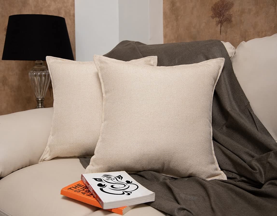 Khooti Decorative Jute Square Cushion Cover Throw pillow cover for Living Room Couch Diwan single seater Sofa , Colourful Modern Small 26 x 26 Inches / 65 x 65 cm (Colour - Light Linen)(Set of 2 pieces) C2