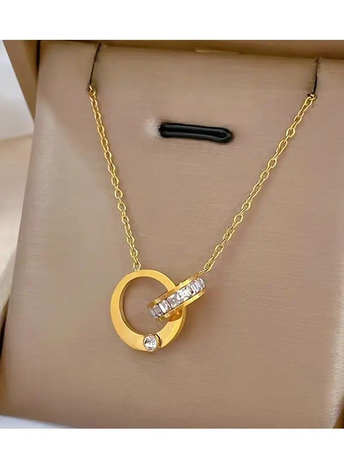 Vintage Elegant Double Circle Pendant Necklace with Crystal zirconia Inlay, 18K Golden Plated Stainless Steel Chain for Women - Versatile for Daily And Party Occasions