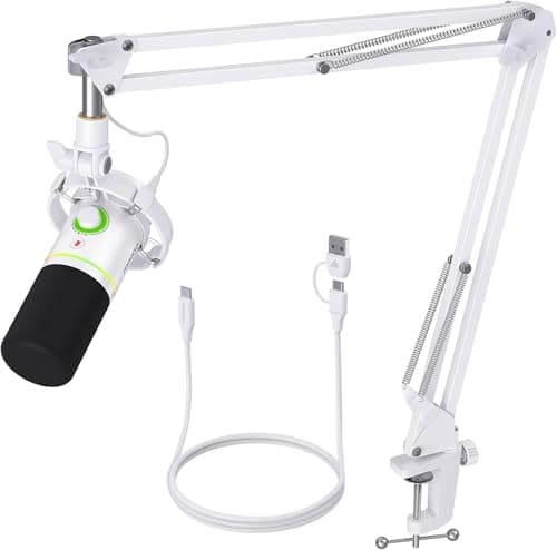 MAONO XLRUSB Dynamic Microphone Kit RGB Podcast Mic with Software Mute Gain Knob Volume Control Boom Arm for Streaming Gaming VoiceOver RecordingPD200XS White