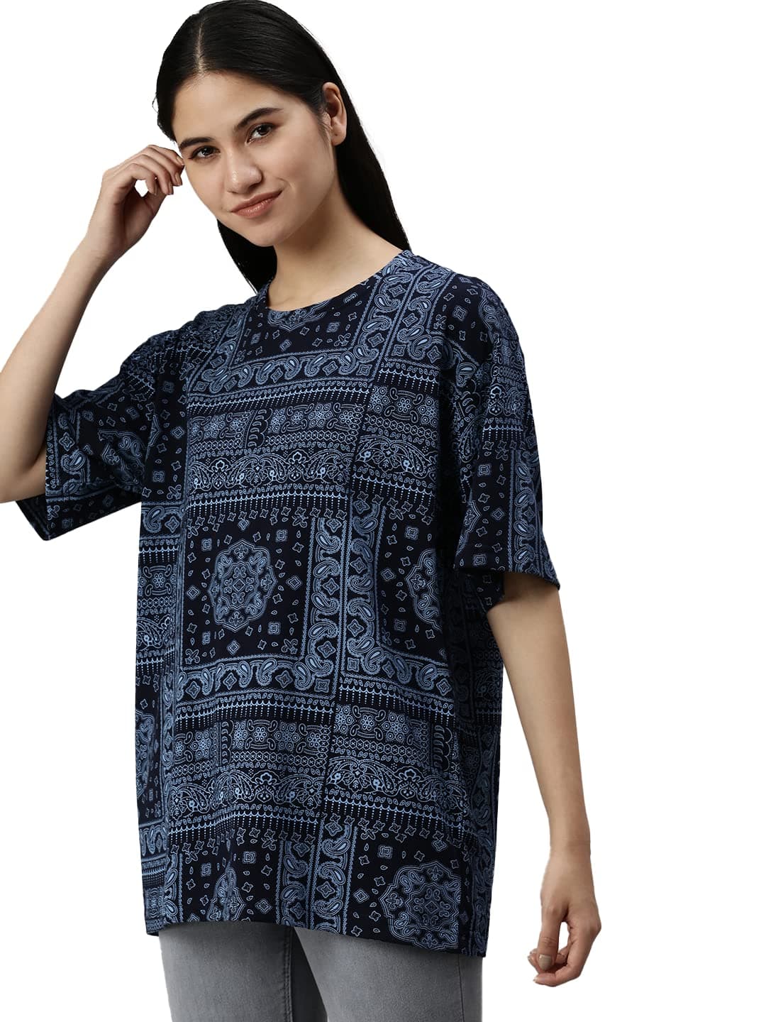 Veirdo Multicolour Oversized Cotton Crew Neck T-Shirt with Bandana Print for Women