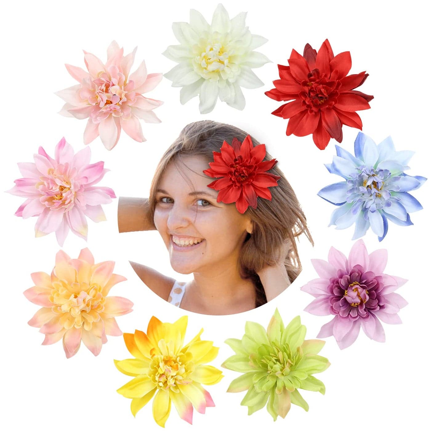 Lawie 9 Pack 4 Inch Large Bloom Dahlia Flower Hair Clips 10 CM Artificial Daisy Flowers for Hair Mexican Decorative Floral Alligator Duckbill Crocodile Barrettes Hair Grips Accessories for Women Girls