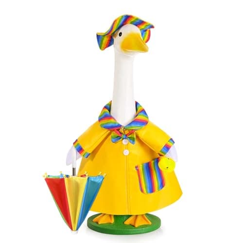 JcHrmers Raincoat Goose Outfit Porch Goose Spring Outfits Yellow Raincoat Goose Clothes with Rainbow Hat Umbrella Duck Fits 23 Inch Geese Statue for Spring Summer Holiday Lawn Garden Yard Patio Decor