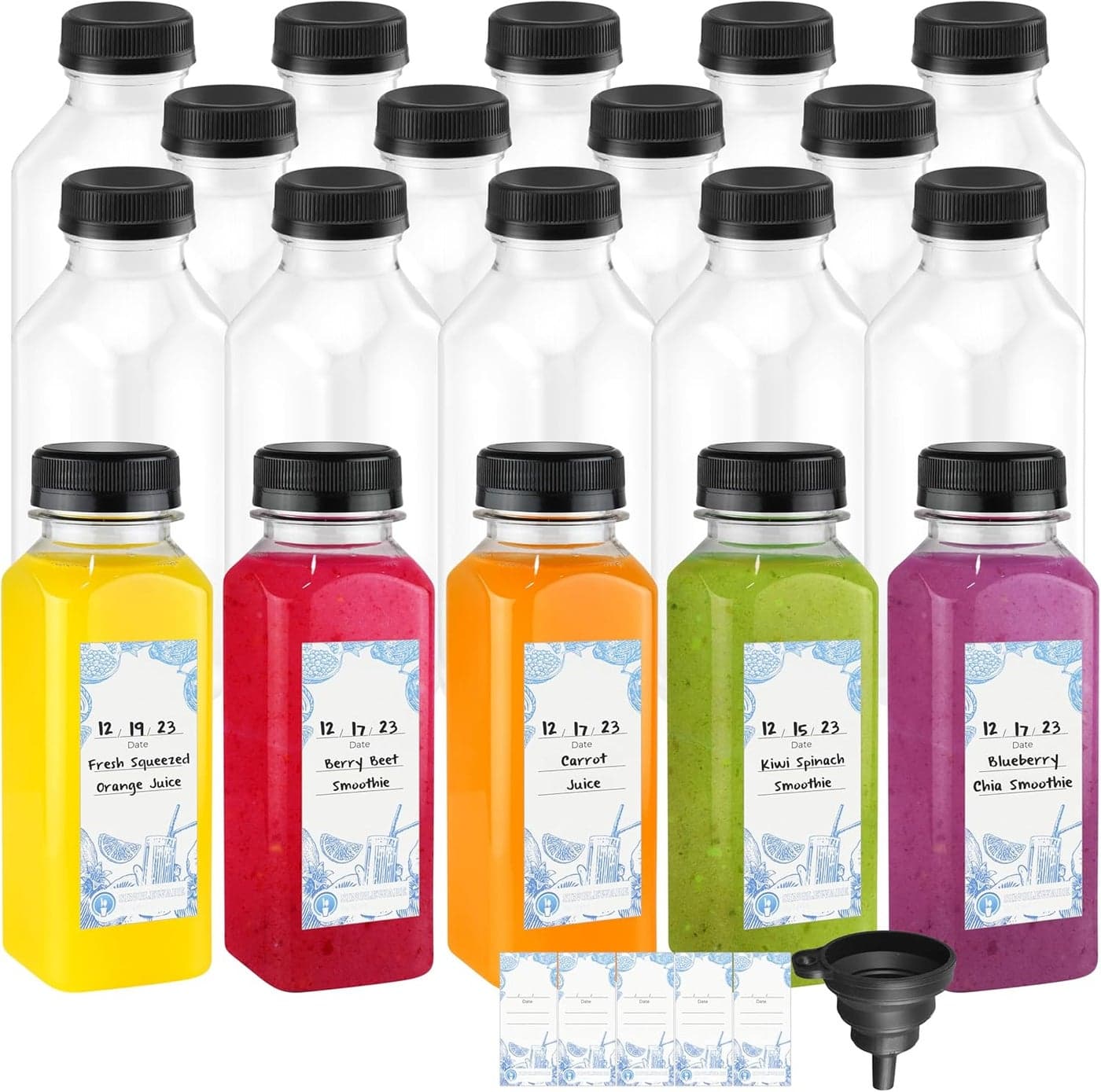 NYHI Clear Plastic Juice Bottles with Tamper Evident Caps Reusable Empty Drink Containers with Caps for Juicing Smoothie Water Iced Tea Lemonade Other Beverages 20 Pack 16 oz
