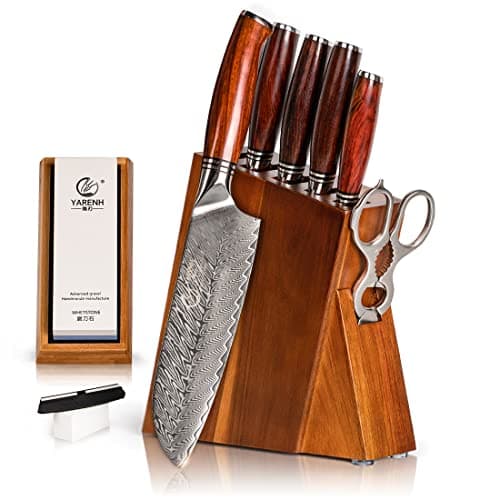 YARENH Kitchen Knife Set with Block 8 Piece Sharp Professional Chef Knife 73 Layers Damascus High Carbon Stainless Steel Full Tang Sandalwood Handle Gift Box