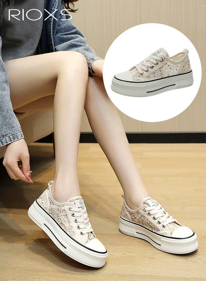 Women's Comfort, Summer Hollow Out Tulle Flower Embroidery Shoes, 4.5cm Thick-Soled Height-Enhancing Shoes for Ladies, Breathable Mesh Tennis Shoes for Women, Casual Lace Up Platform Shoes, Ladys Lightweight Walking Shoes, Women's Fashion Shoes for Office Work Business Wedding Parties Dating and Sho