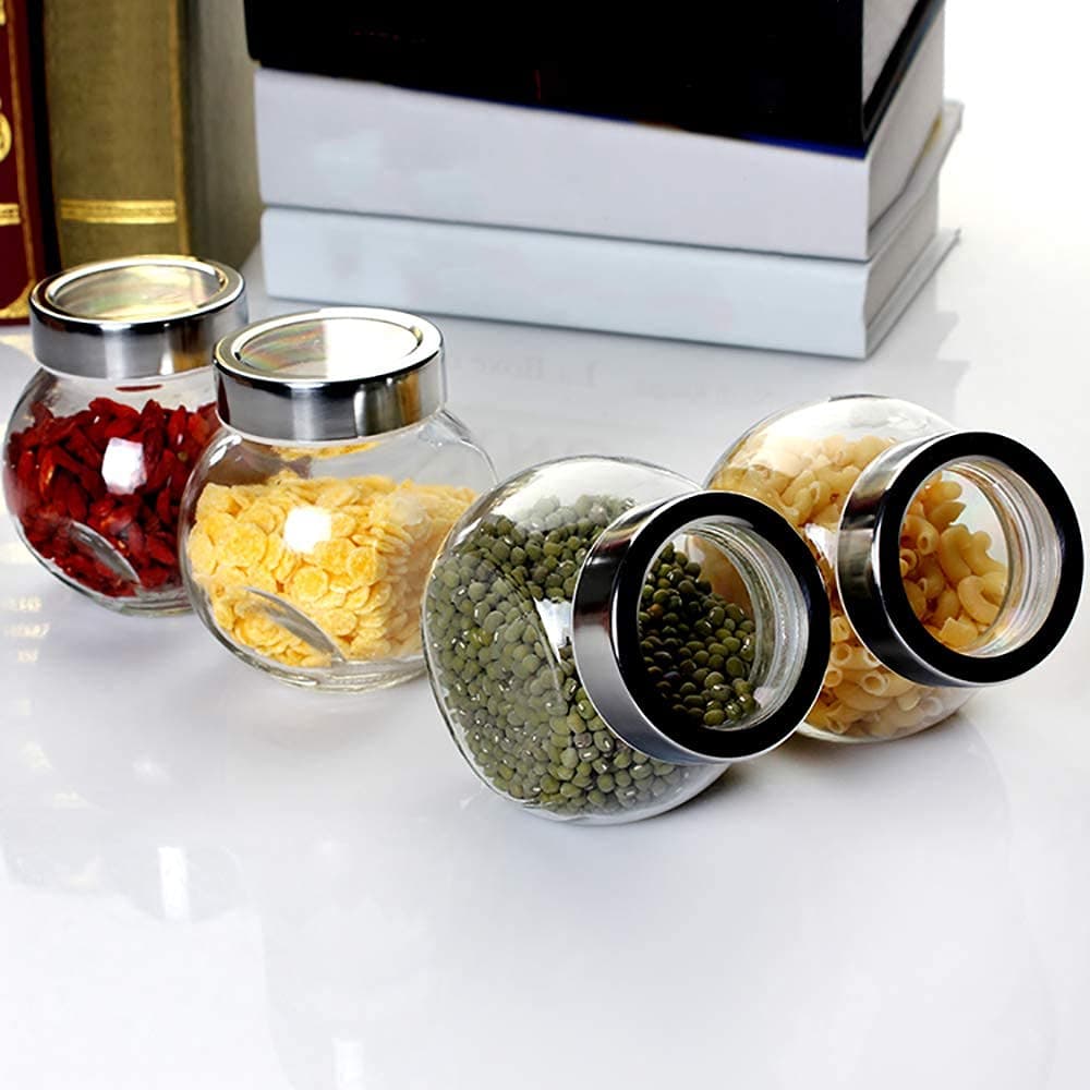 Set of 4 Spice Glass Storage Jars for Kitchen Storage Containers for Masala, Dry Fruits, Mouth Fresheners Storage Jar and Container With Rust Proof Air Tight Stainless Steel Lid (200ml, Set Of 4)