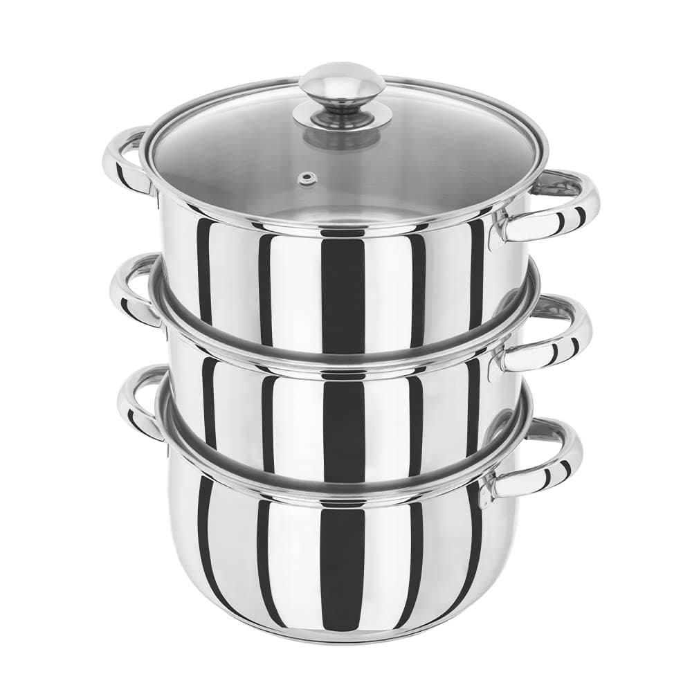 Judge Essentials Stainless Steel 3 Tier Steamer 22cm Vented Glass Lid Integral Casserole Pot Oven Safe Induction Ready