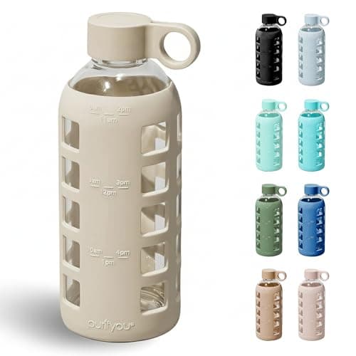 purifyou 40oz / 32oz / 22oz / 12oz Borosilicate Glass Water Bottle with Time & Volume Markers, Silicone Sleeve, Stainless Steel Lid | Reusable Glass Bottle for Water & Juice (22oz Pearled Ivory)