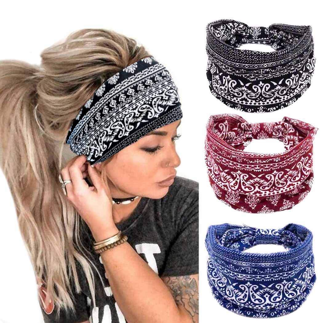 Bohend Boho Headbands Wide knotted Hair Bands Fashion Printing Bandeau Travel Stretchy Cotton Headband Sport Yoga Hair Accessories for Women and Girls A