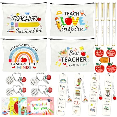 26 PCS Teacher Appreciation Gifts in Bulk 4 Thank You Gift Set with Makeup Bags Keychains Bookmarks Cards Pins Stickers and Best Teacher Ever Pens Perfect Gifts for Teachers Day Graduation Birthday