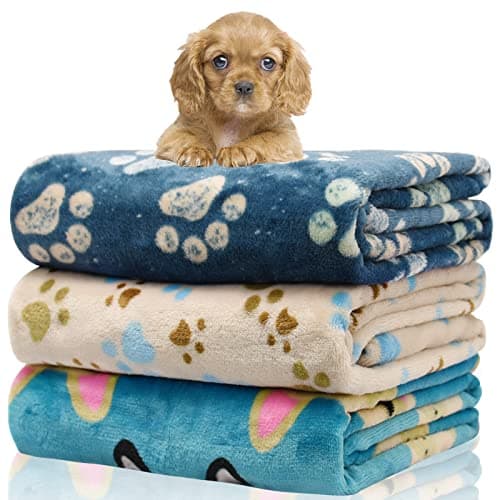 Rezutan 1 Pack 3 Blankets for Dogs, Dog Blanket for Small Pet Cat, Premium Soft Fluffy Suitable for Dog Kennels & Beds, Gifts Puppy Blanket Essentials, 23x16 inch, Blue/Beige/Navy Blue