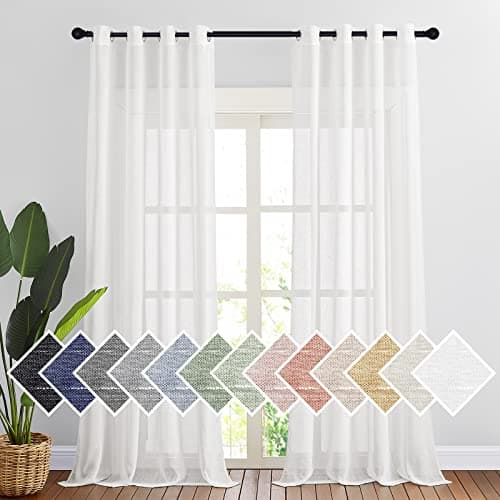 NICETOWN White Linen Sheer 90 inch Curtains Privacy Chic Linen Blend Window Treatment Semi Sheer Privacy with Light Filtering Drapes for BedroomLiving Room W52 x L90 2 Panels