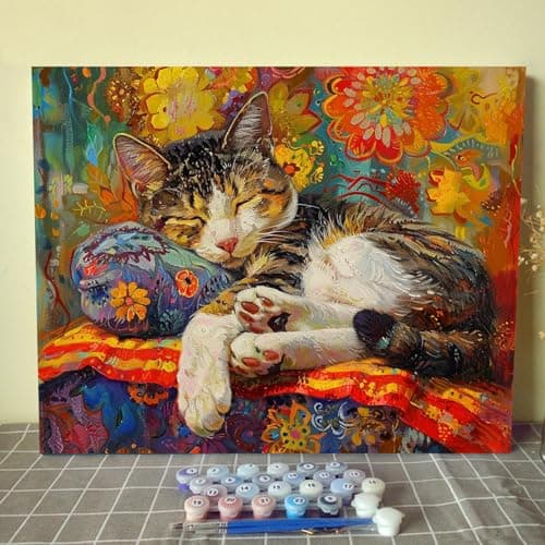 Aihonmin Pet Cats Sleeping Paint by Numbers for Adults KidsFlower DIY Acrylic Watercolor Paint by Number for Adults Beginner and Kid 16x20 inch Painting Craft On Canvas Home DecorWithout Frame