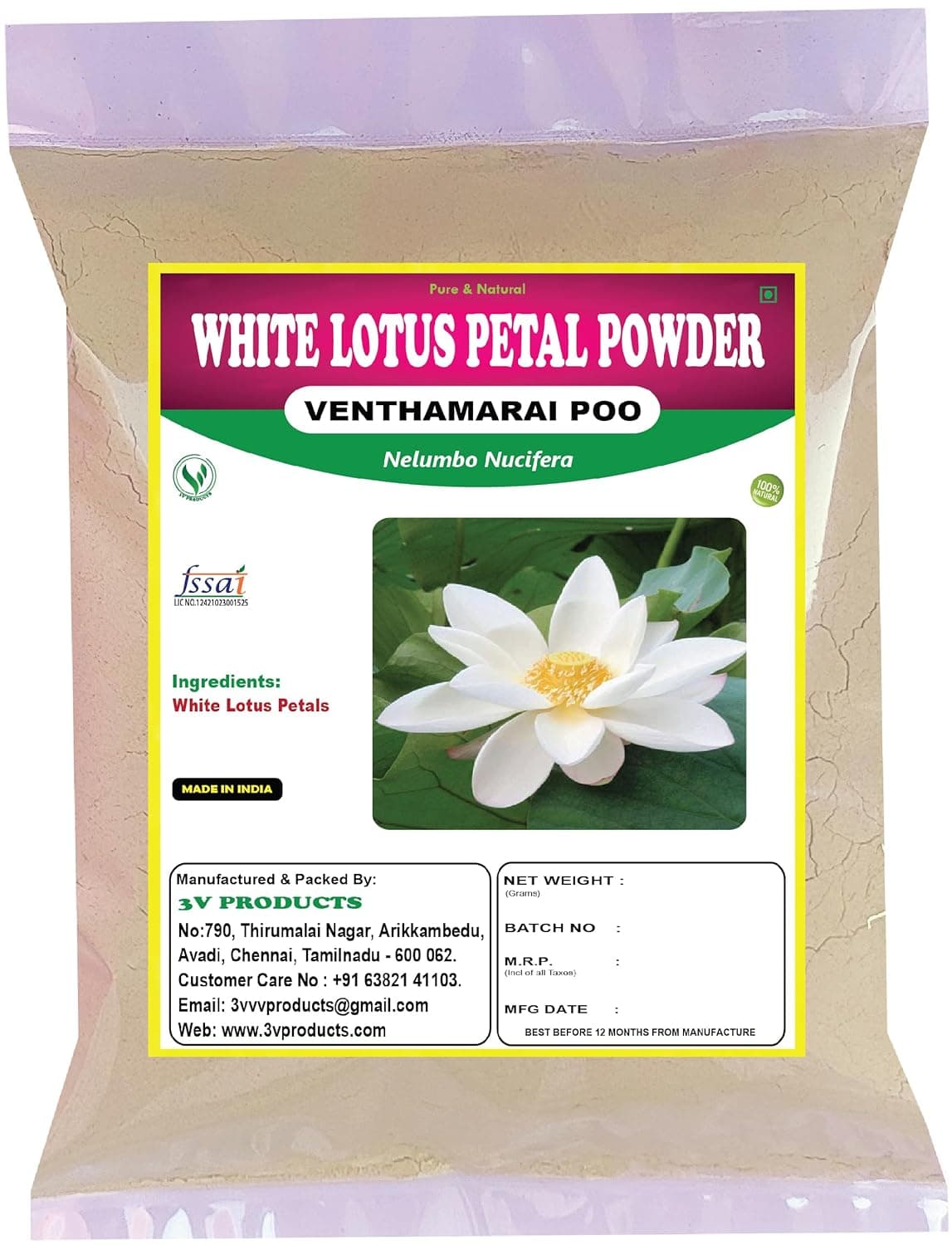 3V PRODUCTS White Lotus Powder 400g Venthamarai powder Nelumbo Nucifera Pack of 4x100g