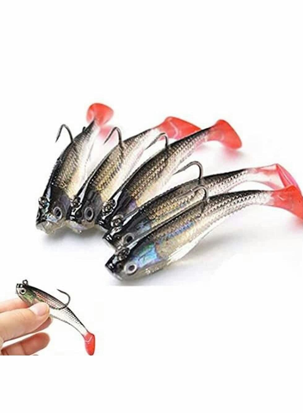 Fishing Lure Set 8 cm Soft Bait Head Sea Fish Lures Tackle Sharp Treble Hook T Tail Artificial Bait,Lifelike Bass for Saltwater and Freshwater-5PCS