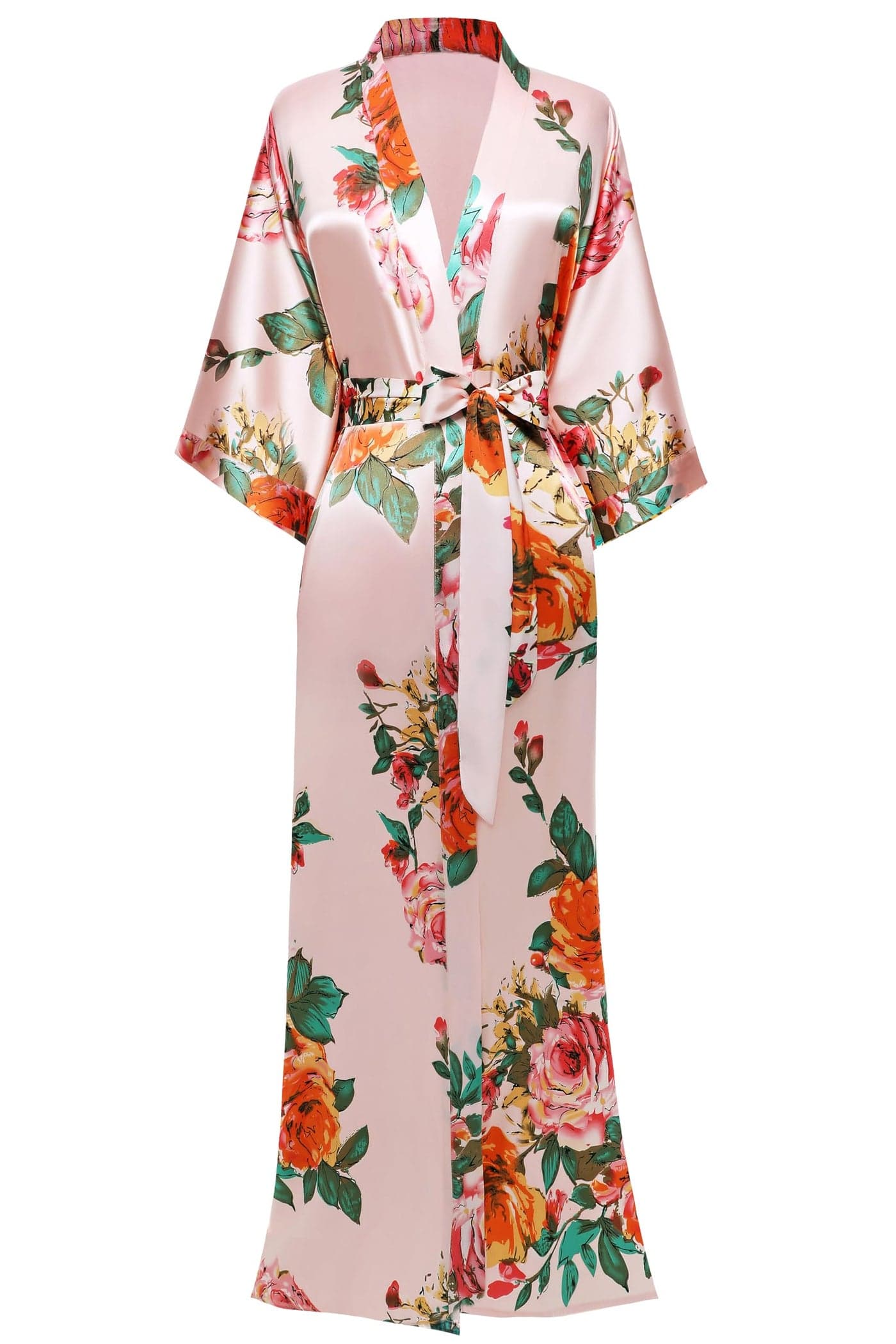 BABEYOND Women's Kimono Robe Long Satin Silky Floral Lightweight Bridesmaid Wedding Bachelorette Party Robe