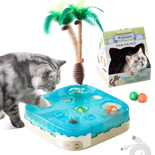 Migipaws 7in1 Interactive Cat Toy Motion Activated Indoor Playset with Automatic Pop Bounce Cat Ball Feather Palm Tree Wand Catnip Ball SelfGrooming Cardboard House Rechargeable