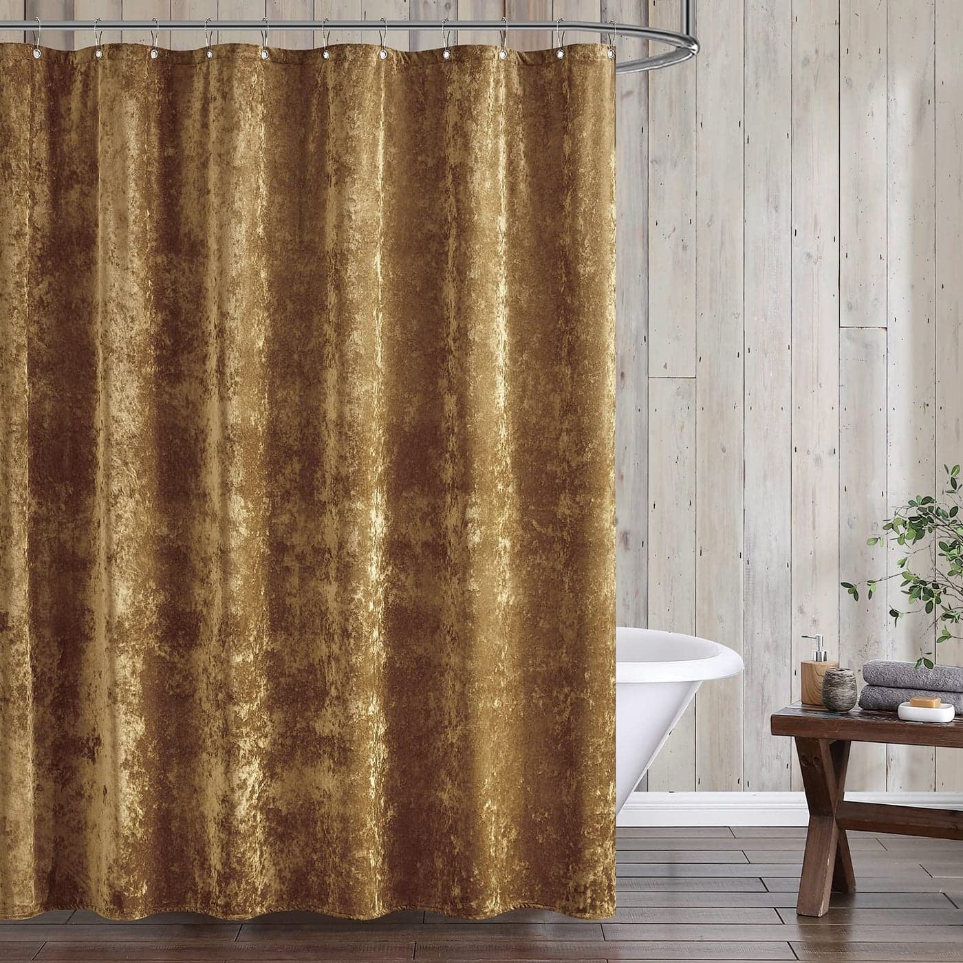 Fredsure Distressed Velvet Shower Curtain Set 13 Pieces Caramel Gold Including1 Piece 72x72 Shower Curtain and 12 Pieces Silver Hooks