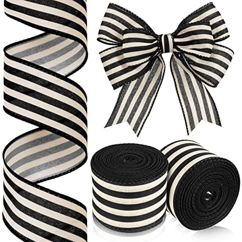 Moukeren 2 Rolls Black and Cream White Stripe Wired Edge Ribbon Halloween Rustic Ivory Boho Black and White Ribbon for Christmas Party Gift Wrapping Bow DIY Craft Home Decor2 Inch 20 Yard