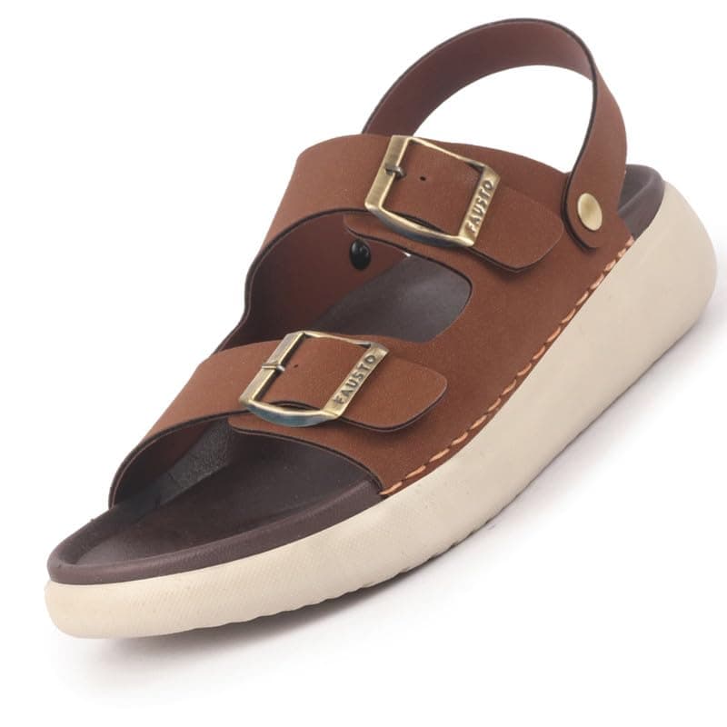 FAUSTO FST FOSMS-2188 TAN-43 Men Tan Open Toe Double Strap Stitched Waterproof Sandals with Back Support|Soft Cushioned Insole|Summer Slip-On Slipper|Perfect For Monsoon Rainy Season (9 UK)