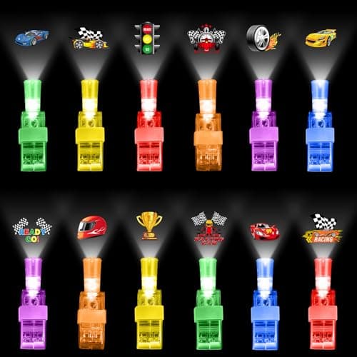 Capoda 36 Pack Race Car Party Favors LED Finger Lights Glow in The Dark Rings with racing Car Checkered Flag Helmet Projections Birthday Goodie Bag Stuffers Piata Fillers Classroom Prizes
