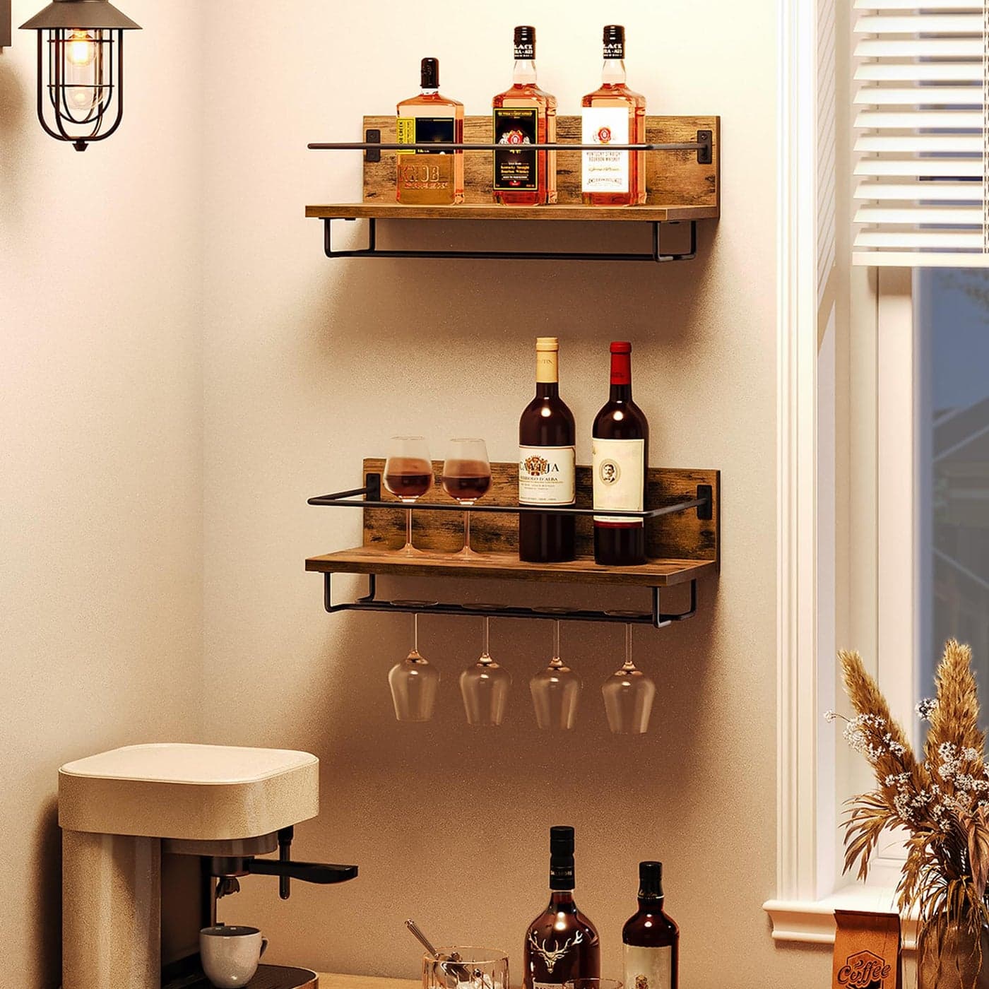 HOOBRO Wall Mounted Wine Rack Wine Glass Rack Set of 2 Wine Shelf Hanging Floating Shelves Wine Bottle Glass Rack Stemware Holder for Living Room Kitchen Rustic Brown and Black EBF28BJ01