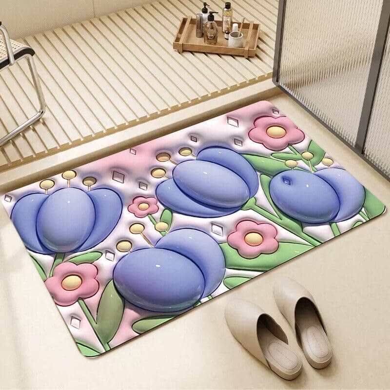 GOGENKART 3D Diatom Floor Mat Soft NonSlip Rug FastDrying Bathroom Mat Cute Flower 3D Visual Blue with Pink Flower
