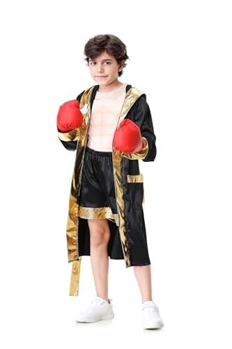 GRAJTCIN Kids Boxing Costume with Hooded Boxer Robe Halloween Costume Boxing Robe Boxing Shorts and Muscle Shirts for Boys Muscle Suit Costume S