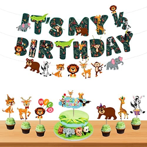 Festiko® 8 Pcs Jungle Theme Banner, Cake & Cupcake Topper, Jungle Theme 1/2 Birthday Supplies, Jungle Theme It's My 1/2 Birthday Combo Decoration, Jungle Safari Theme Decorations