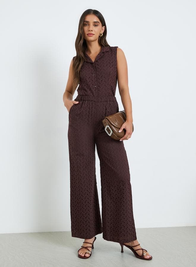Women Brown Wide leg Cotton Schiffli Trousers