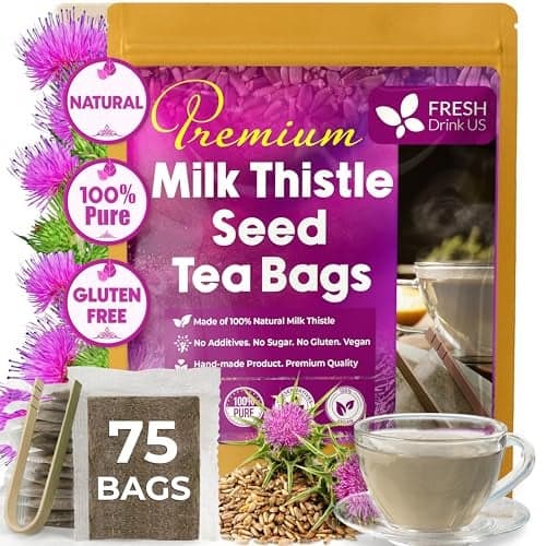 FreshDrinkUS, Premium 75 Milk Thistle Tea Bags, 100% Natural & Pure from Milk Thistle Seeds. Milk Thistle Seed Herbal Tea. Made with Natural Material Tea Bags. No Sugar, No Caffeine, No Gluten, Vegan.