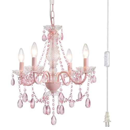 Plug in Crystal Pink Chandelier, Not acrylic Crystal,Mini 4 Lights for Girls Room,Pink Crystals Hanging Pendant Light with Clear Cord and On/Off, Chandelier for wedding, Kitchen, Dining,Foyer,Island